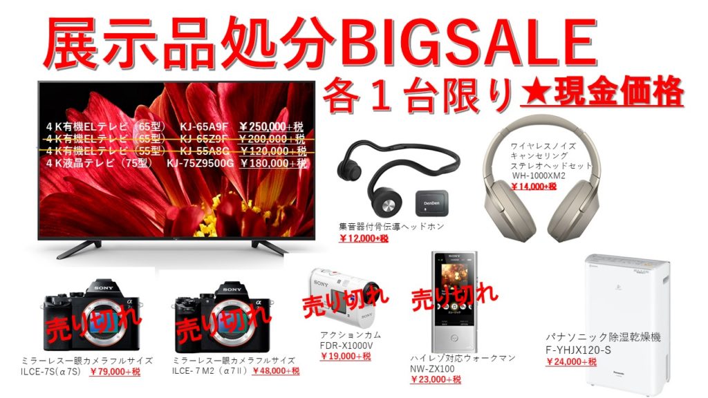 サウンドエコー「展示品処分BIG SALE」開催！ 各1台づつで早もの勝ちですよ～♪ 高崎のサウンドエコーソニー